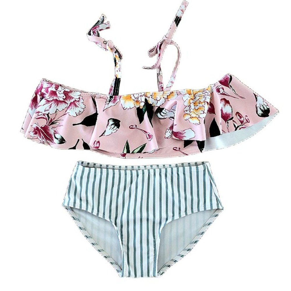 NWOT Girls Pink Tropical Off-Shoulder Ruffle Top Bikini  Size 3-4Y